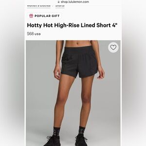 Black Lululemon hotty hot 4 inch shorts size 8.
